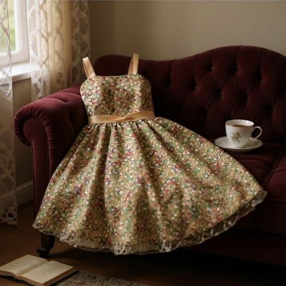 Sophia Sewing Girls Dress 2 – Gold Sequin Satin & Tulle Party Gown w/ Bow | EUC - Picture 5 of 16